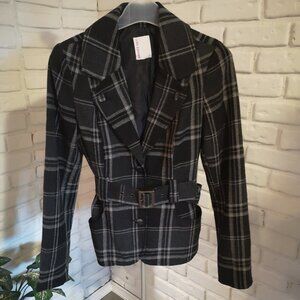 Smart Set Ladies Size 9 Black & Grey Plaid Belted Fully Lined Jacket/Blazer